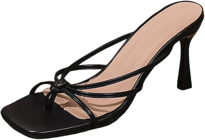 Women's Kitten Heels Flip Flops Square Open Toe Low Heel Strappy Party Slippers Elegant Thong Heeled Sandals