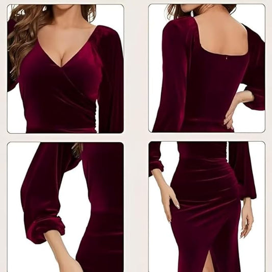 Womens Wrap Neck Velvet Dresses Long Sleeves Mermaid Prom Party Gowns Zipper Split Formal Work Dresses