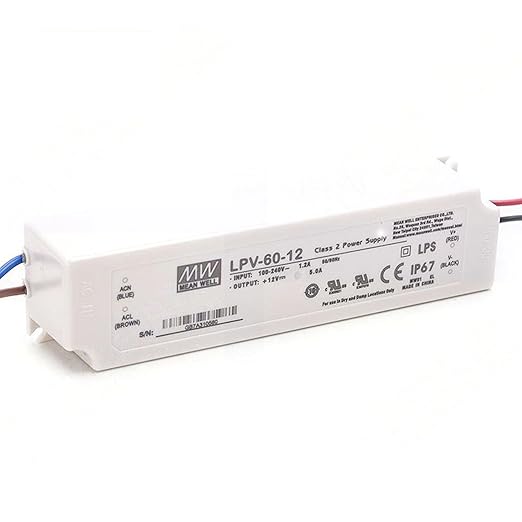 12V 60W Waterproof LED Driver & LPV-60-12 Power Adapter | IP67 Fanless Converter for LED Strips, CCTV, IoT Devices | 90-264VAC Input