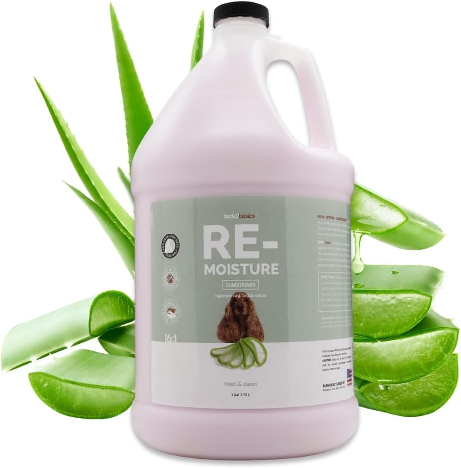 Bark2Basics Re-Moisture Hydrating Dog Conditioner, Dry Itchy Skin, 1 Gallon 16:1 Concentrate, Aloe Vera Soothes Sensitive Skin, Moisturizing Pet Detangler, Aids Deshedding, Groomer Grade, USA Made