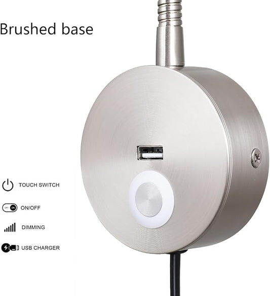 LED Bedside Reading Lamp Touch Stepless Dimmable Wall Mounted Reading Light Book Lamp Night Light Wired Reading Light in Bed Lamp USB Flexible Gooseneck Lamp(Brushed Nickel)