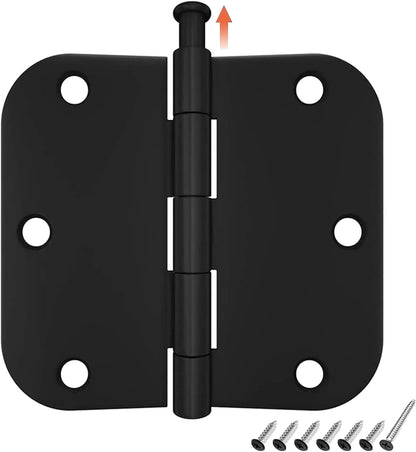 HOSOM 12 Pack Rounded Matte Black Door Hinges 3.5 x 3.5 inch with 5/8 Radius, Black 3 1/2 Interior Door Hinges, 3 ½"x 3 ½" Hardware