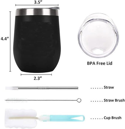 Leak-Proof Insulated Coffee mug 12oz Wine Tumblers , Stainless Steel Stemless Wine Glass with Lids and Straws, Double Wall Vacuum Insulated Tumbler Cup, Coffee Mug for Cold Hot Drinks Iced Tea Coffee