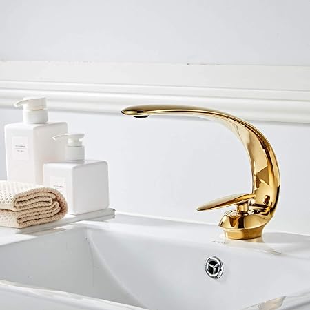 Bathroom Sink Tap, Single Hole Single Handle Bath Mixer Tap Contemporary Brass Deck Mount Bathroom Vessel Sink Faucet, for Bathroom Hotel,Gold