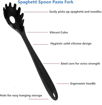 Spaghetti Spoon Pasta Fork,11Inch Silicone Pasta Fork,High Heat Resistant to 480F, Hygienic One Piece Design, Spaghetti Strainer  Server Spoon Ideal for cooking(Black)