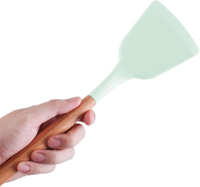 Green Silicone Utensils Kitchen Utensil Set with Multifunction Wooden Handle, Non-Stick Spatula, Ladle, Egg Shovel