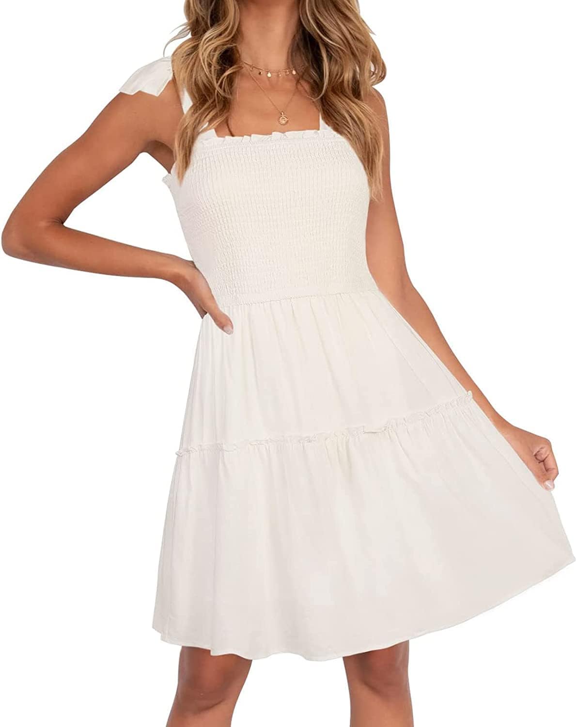 This ZESICA mini dress features a square neckline, adjustable straps, and a ruffled hem - perfect for summer parties, the beach, or everyday wear.