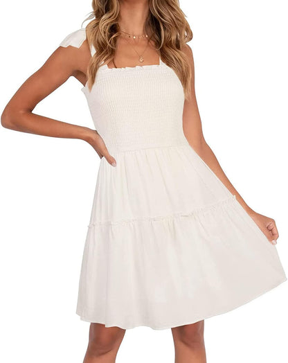 This ZESICA mini dress features a square neckline, adjustable straps, and a ruffled hem - perfect for summer parties, the beach, or everyday wear.
