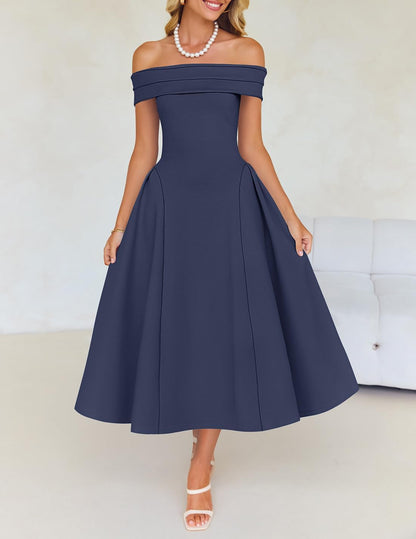 ZESICA Summer 2026 Cocktail Dresses for Women's Off Shoulder Short Sleeve Swing A Line Wedding Evening Party Midi Dress