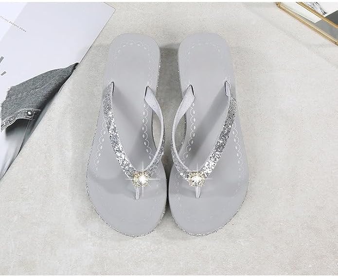 Size 9, HYZGAOYAN Women's Crystal Sequin Low Heel Flip Flops,Summer Sandals | Comfortable Shiny Sandals Shoes Summer Beach Arch Support Non Slip Glitter Sequin