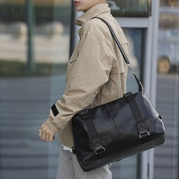 Travel Bag for Men PU Leather Shoulder Bag Stylish Handbag Gym Bag with Adjustable Shoulder Strap (Black)