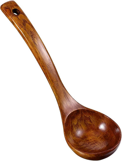Handcrafted Vintage Lacquered Wooden Spoon Large Soup Spoon for Kitchen Cooking Serving Natural Wooden Utensil with Long Curved Handle