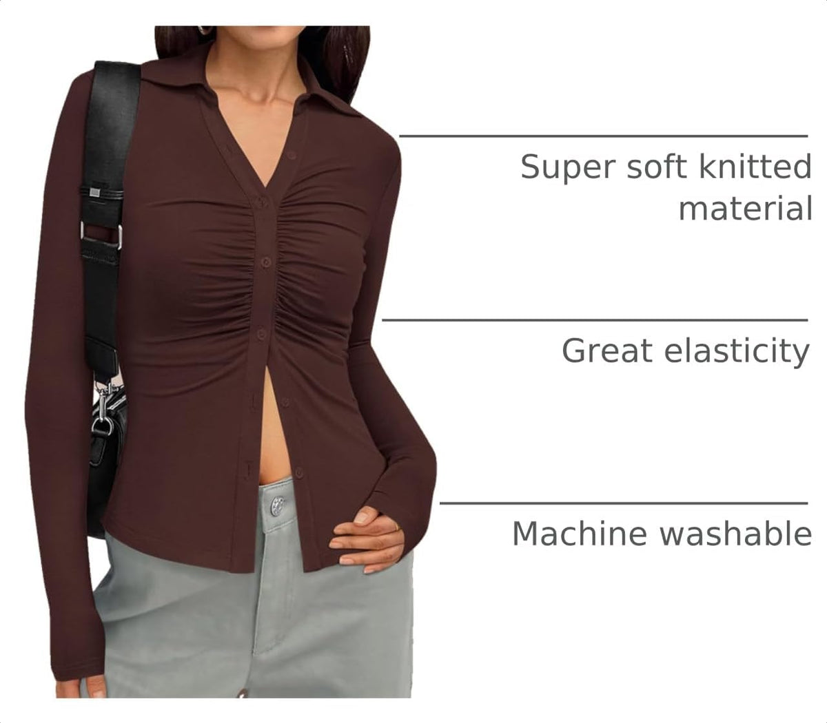 PRETTYGARDEN Womens Button Down Shirts V Neck Collared Ruched Slim Fit Long Sleeve Shirt Casual Spring Fashion Ladies Tops.