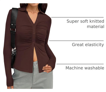 PRETTYGARDEN Womens Button Down Shirts V Neck Collared Ruched Slim Fit Long Sleeve Shirt Casual Spring Fashion Ladies Tops.