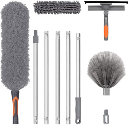 Professional Duster Kit with Assembled Extension Pole, Cobweb Duster, Window Scrubbing Squeegee, Cobweb Duster, IndoorOutdoor Stretchable Bendable Duster Cleaning Kit