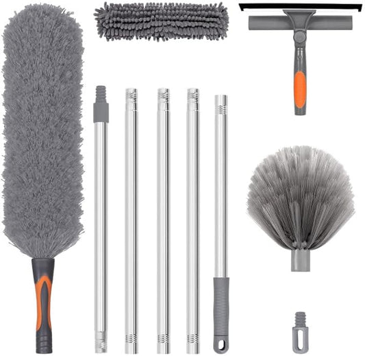 Professional Duster Kit with Assembled Extension Pole, Cobweb Duster, Window Scrubbing Squeegee, Cobweb Duster, IndoorOutdoor Stretchable Bendable Duster Cleaning Kit