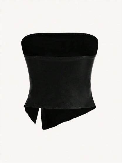 Women's Leather Tops Strapless Concert Bandeau Crop Tube Tops Ruched Split Club Shirt