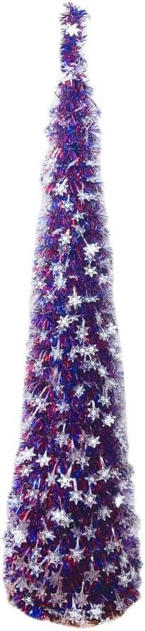 4th of July Decor Tree, Patriotic Pop up Pencil Christmas Tree,5 Ft Christmas Tinsel Tree,Sequin Star Ornaments Garland Collapsible Tree for Independence Day Memorial Home Decor