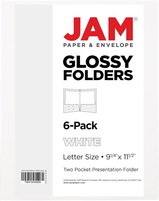 JAM PAPER Laminated Two Pocket Glossy School Folders - Letter Size - High Gloss White - Bulk 25/Pack