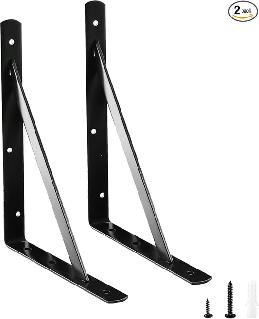 12"x 8" Heavy Duty Shelf Brackets, Load Capacity: 600 lb, 90 Degree Black Metal Supports for Shelves 2-Pack, Wall Mounted L Bracket for Floating Shelving with Screws, HOME MASTER HARDWARE