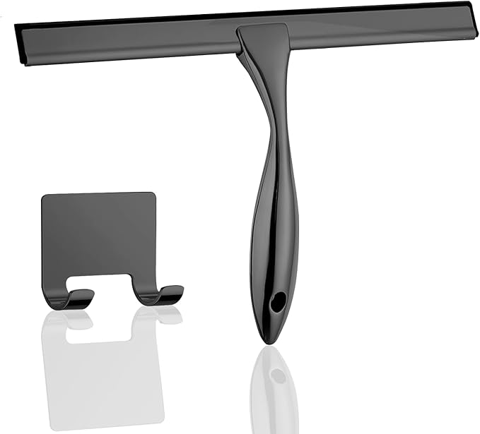 12-inch Stainless Steel Shower Squeegee for Glass Doors, Black Squeegee for Shower Glass with Hook, Water Wiper, Bathroom Squeegee, Water Wiper for Tile Wall Car Mirror Door