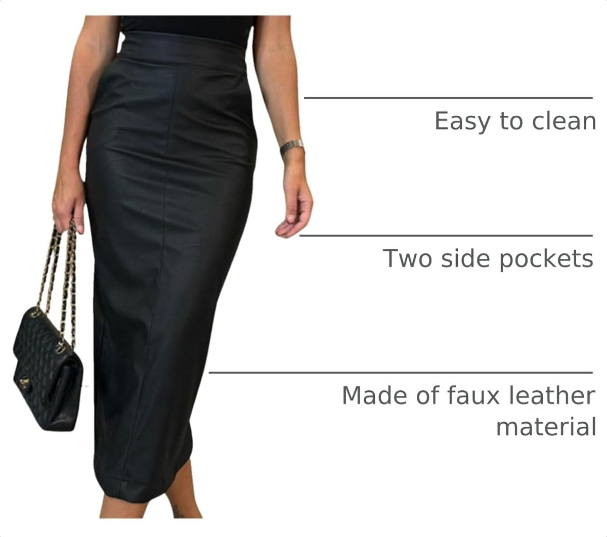 utcoco Womens Long Faux Leather Skirt Bodycon High Waist Slim Pencil Midi Skirt.