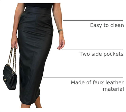 utcoco Womens Long Faux Leather Skirt Bodycon High Waist Slim Pencil Midi Skirt.