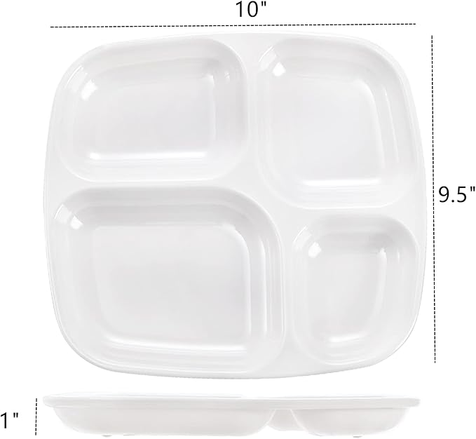 Dicunoy 8 PCS Divided Meal Tray, 10 Inch Melamine Dinner Plates for Adults, Sectional 4 Compartments Portion Control Plate Reusable Serving Platter for Salad, Noodles, Camping, Picnics