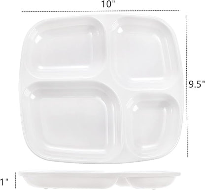 Dicunoy 8 PCS Divided Meal Tray, 10 Inch Melamine Dinner Plates for Adults, Sectional 4 Compartments Portion Control Plate Reusable Serving Platter for Salad, Noodles, Camping, Picnics