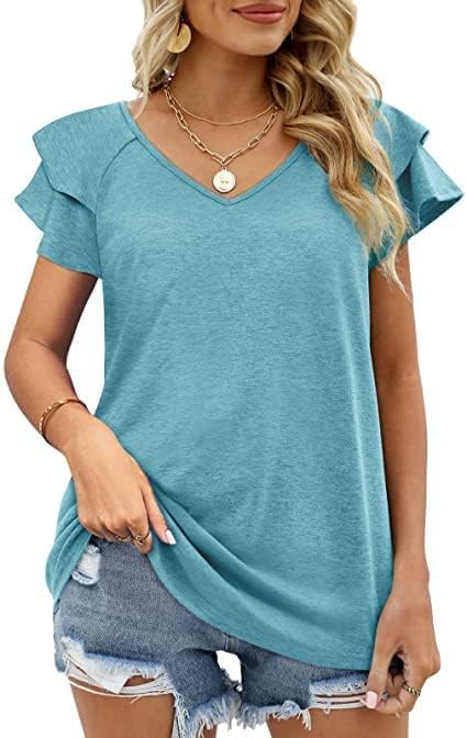 Womens Summer Tops Ruffle Short Sleeve V Neck Casual Tshirts Flounce Sleeve Tees
