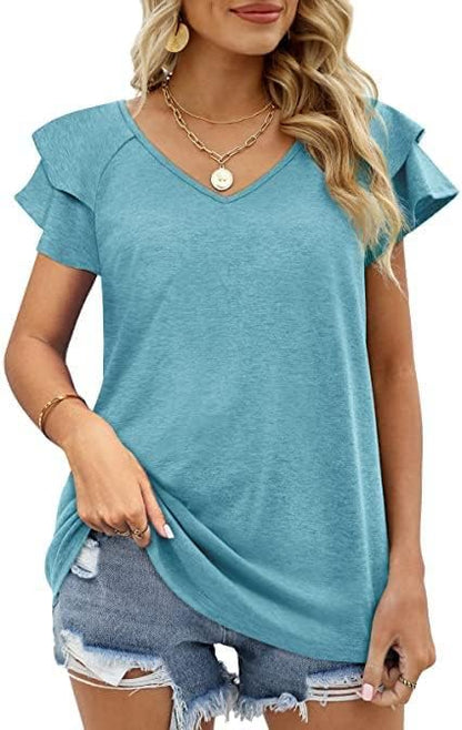 Womens Summer Tops Ruffle Short Sleeve V Neck Casual Tshirts Flounce Sleeve Tees
