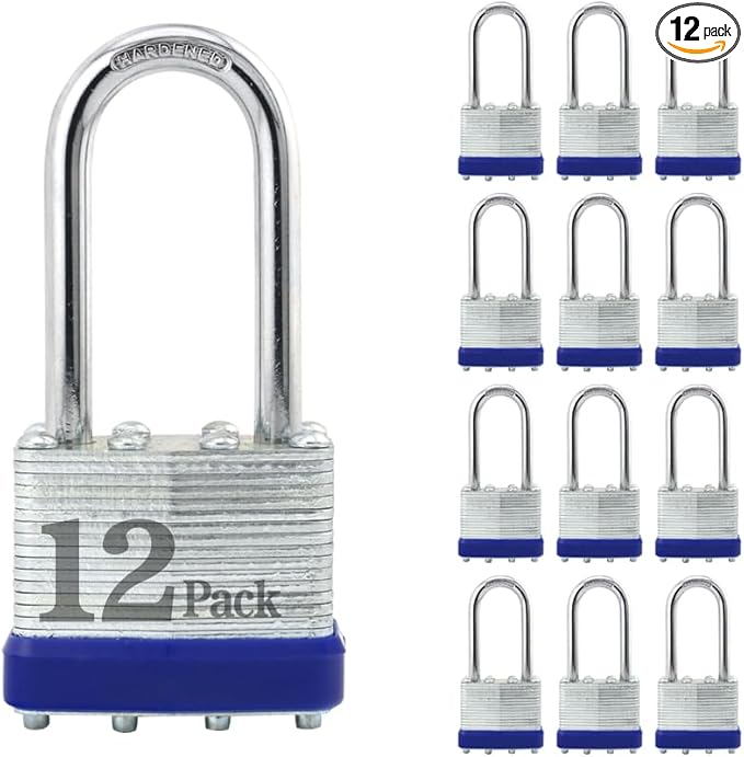 ZonRo Locks Laminated Steel Keyed Padlock, Keyed Alike Locks,1-916"(40mm) Wide Body,Long Shackle Padlock, Blue Plastic Hoop, Pack of 12 ...