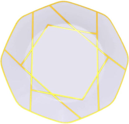 Efavormart 10 Pack | 8" White/Gold Geometric Design Plastic Dessert Plates, Disposable Octagon Salad/Appetizer Party Plates