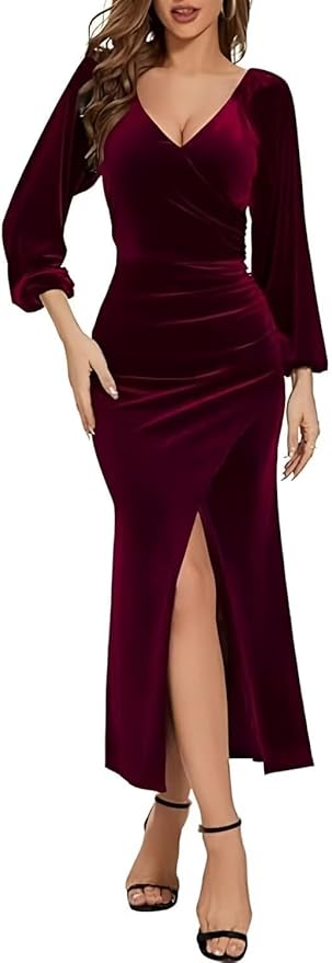 Womens Wrap Neck Velvet Dresses Long Sleeves Mermaid Prom Party Gowns Zipper Split Formal Work Dresses