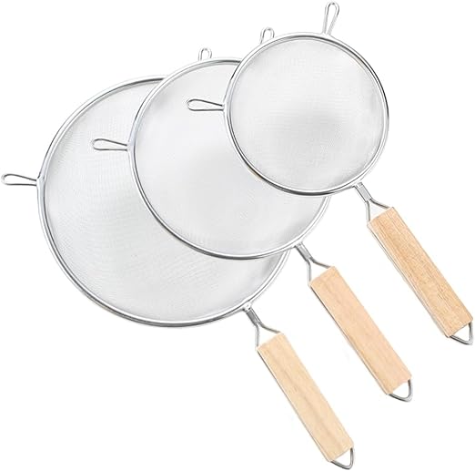 Fine Mesh Strainer 5" 6" 8", Stainless Steel 40 Mesh Sieve with Wooden Handle, Kitchen Metal Sifter Food Strainer for Quinoa, Pasta, Fruits, Vegetables, Rice, Set of 3