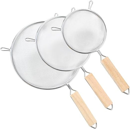 Fine Mesh Strainer 5" 6" 8", Stainless Steel 40 Mesh Sieve with Wooden Handle, Kitchen Metal Sifter Food Strainer for Quinoa, Pasta, Fruits, Vegetables, Rice, Set of 3
