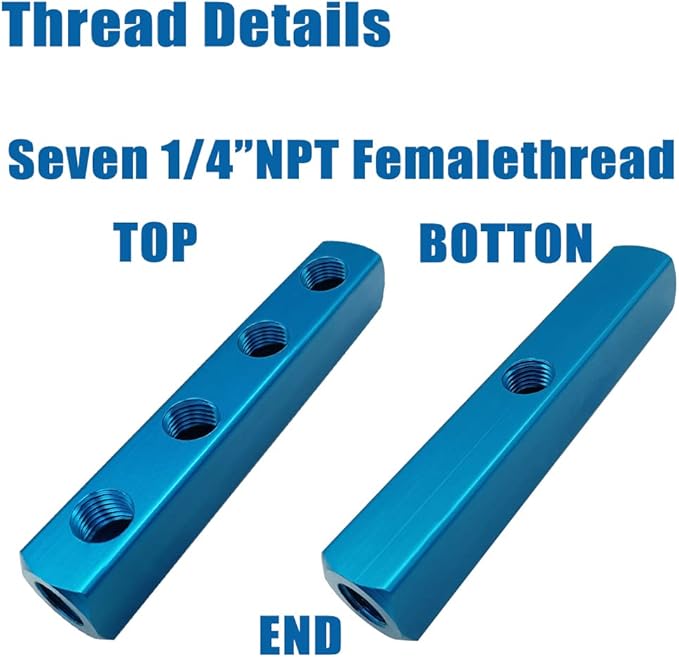 Economic 4 Way 7 Port Air Manifold 1/4" NPT Female Thread Inport and Outport Aluminum Blue 1Pcs