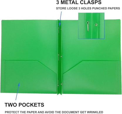 WR Plastic Two Pocket Folder with 3 prongs for Office and School-6 Pack (Green)