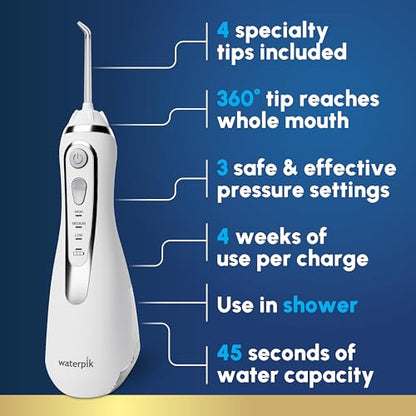 Waterpik Cordless Advanced 2.0 Water Flosser For Teeth, Gums, Braces, Dental Care With Travel Bag and 4 Tips, ADA Accepted, Rechargeable, Portable, and Waterproof, White WP-580, Packaging May Vary ( No original Box )