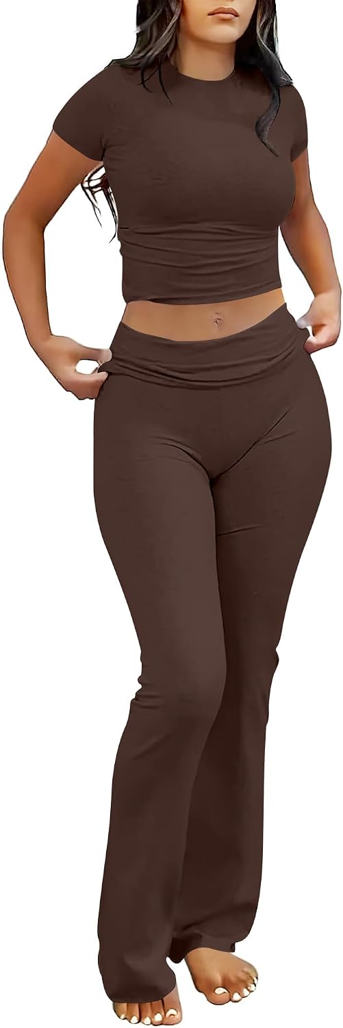 ANRABESS Lounge Sets for Women 2 Piece Foldover Yoga Flare Leggings Pants Crop Tops Casual Y2K Outfits Matching Tracksuit Set