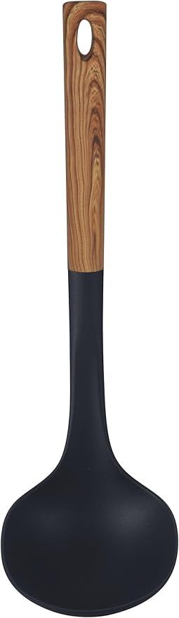 Bene Casa - Black Ladle with Wood Like Handle, Heat Resistant. Black Ladle wWood Like Handle, 14"