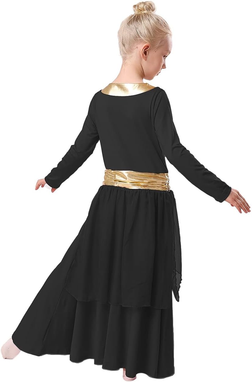 REXREII Kids Girls Praise Dance Robe Metallic Waistband Long Sleeve Liturgical Worship Dress Chiffon Skirt Lyrical Frock.
