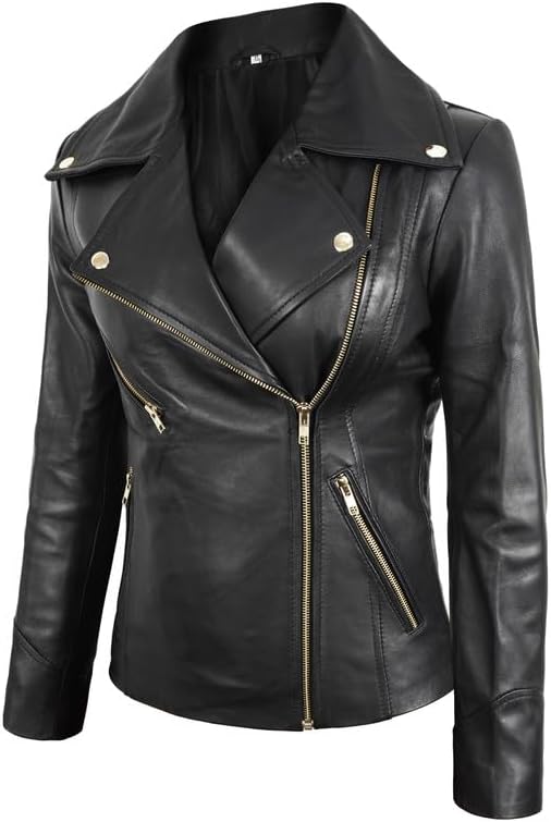 SpazeUp Women's Vintage Cafe Racer Leather Jacket - Black Biker Motorcycle Riding Jacket Women Leather Blazer