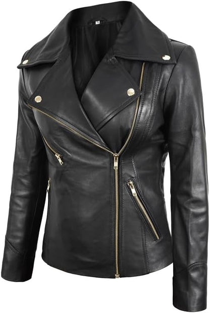 SpazeUp Women's Vintage Cafe Racer Leather Jacket - Black Biker Motorcycle Riding Jacket Women Leather Blazer