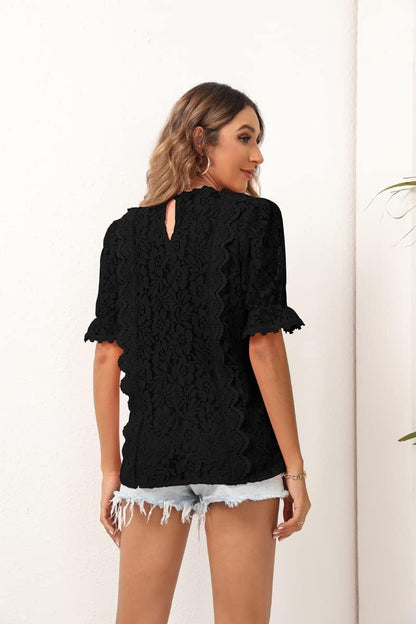 Women's Lace Embroidered Ruffle Short Sleeve Blouses and Tops Dressy Casual V Neckline Tunic Blouse Tops Summer Shirts
