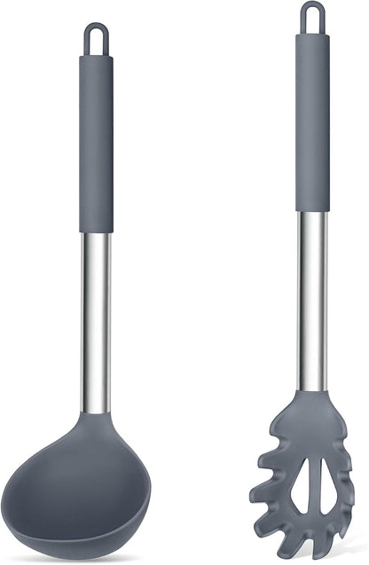 TeamFar Silicone Kitchen Utensils, 2 Pcs Large Nonstick Soup Ladle and Pasta Fork for Cooking Mixing Serving Soup, Sauce, Spaghetti, Eggs, Non-Toxic & Heat-Proof, Dishwasher Safe, Light Grey