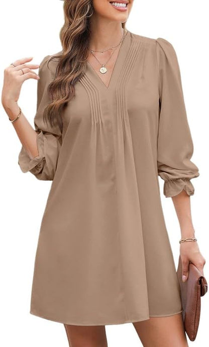 Dokotoo Womens Casual Dress A-Line Ruffle Sleeve V Neck Midi Dress 2025 Fashion Pleated Flowy Sundress Loose Shirt Dresses
