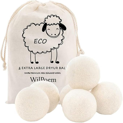 100% Wool Dryer Balls - Natural Fabric Softener, Reusable, Reduces Drying Time, Chemical-Free, Eco-Friendly, Perfect for Baby Clothes, Set of 6 XL Balls