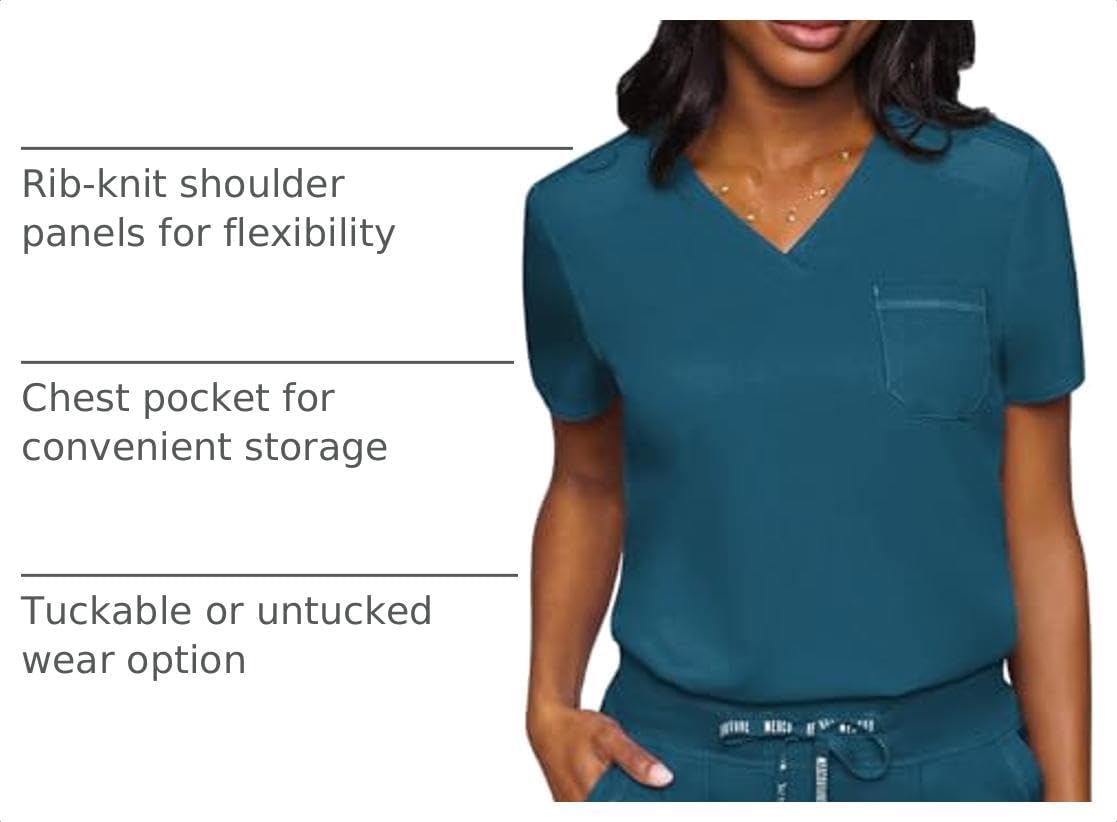 Women's V-Neck Scrub Top, Modern Fit Tuck-in Top with Stretchy Rib-Knit Shoulders and Chest Pocket - MC7448