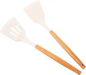 DOITOOL 2pcs Wood Spatulas Kitchen Silicone Non-Stick Shovel Cookware Shovels Cooking Supplies Utensils